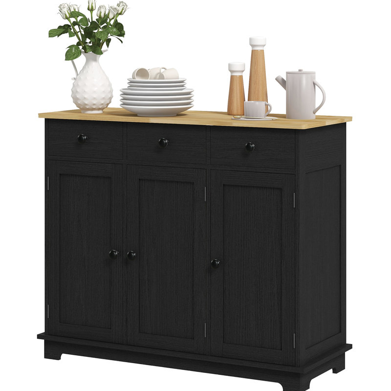 Buffet de comptoir en bois massif - 3 tiroirs, portes, tablette réglable noir vieilli pour un comptoir d'armoire de luxe, unité de rangement pratique pour la cuisine