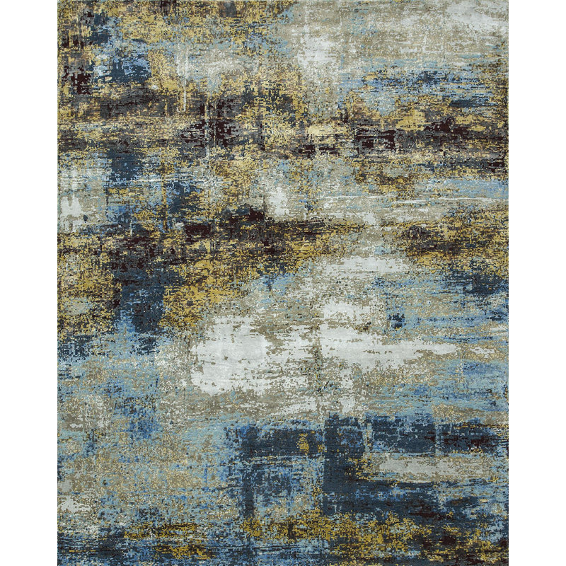Tapis bleu abstrait noué à la main 8 pi x 10 pi