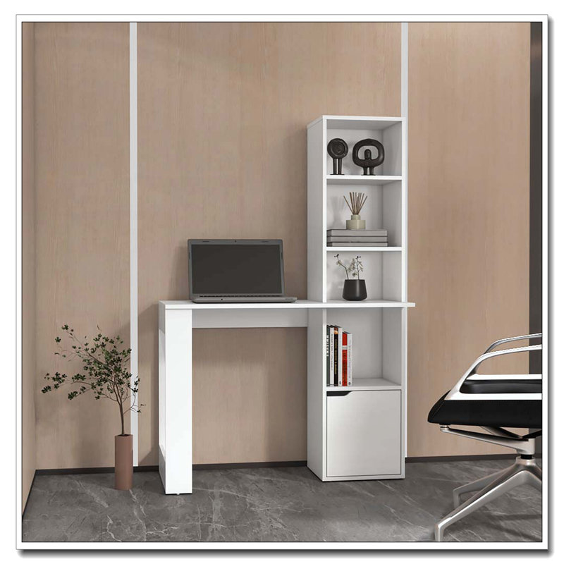 White Computer Desk with 4-Tier Bookcase and 1-Door Cabinet, White