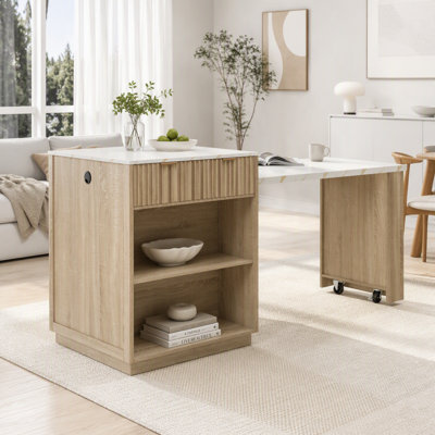 Fluted Kitchen Island with Extendable Dining Table and Charging Station