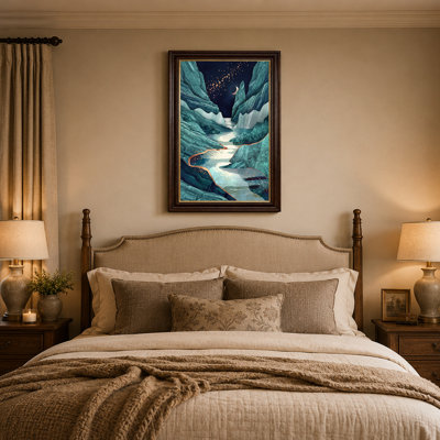 Art mural sur toile Teal Layered Mountains River Gold Moon