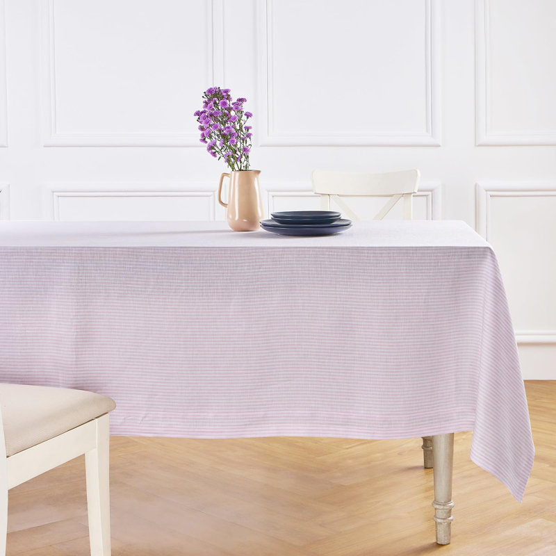 100% Pure Linen Tablecloth, Pink/White, 132" L x 60" W, Narrow Stripe