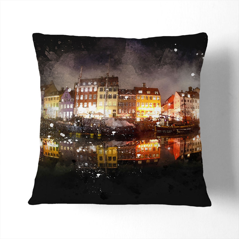 Nyhavn Canal in Denmark Paint Splash Cushion with Filling, 40cm H x 40cm W x 15cm D