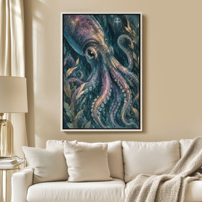 Framed Canvas Wall Art - Fantasy Squid and Jellyfish Underwater Scene - 16"x24", 24"x36"