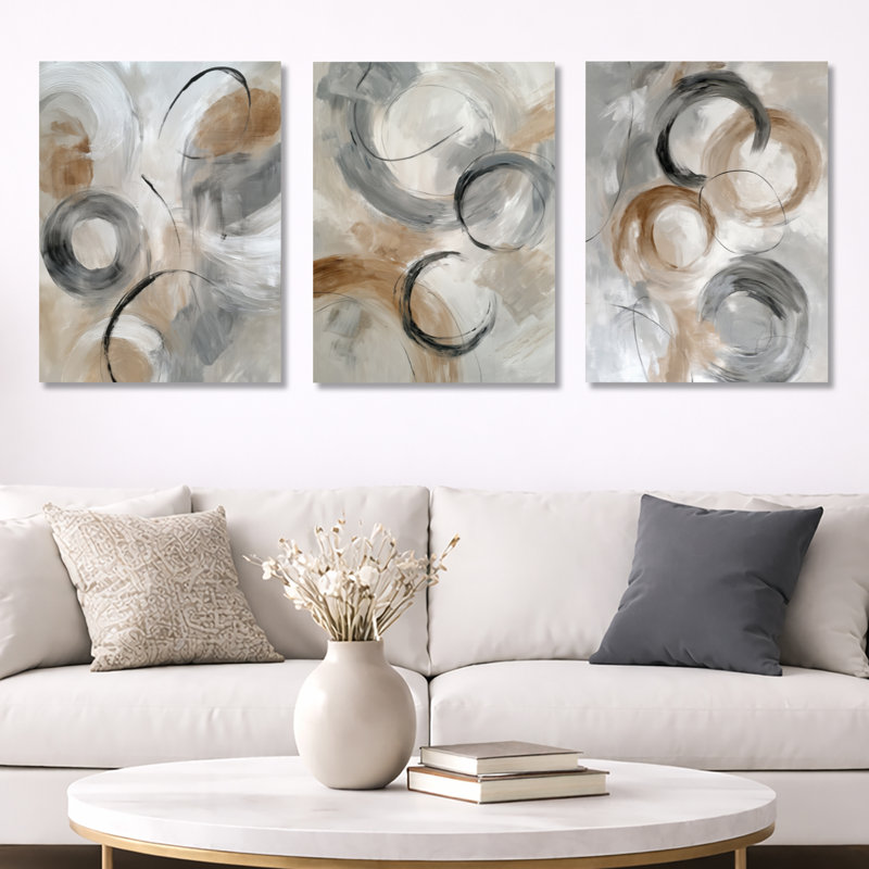3 pièces d'art mural encadré abstrait gris et gris, 32" H x 72" W, Wrapped Canvas