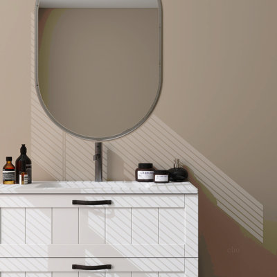 Armoire de meuble-lavabo 31,5 "avec lavabo, armoire flottante murale avec ligne décorative, système de fermeture en douceur, 2 très grands tiroirs, bois massif, pour la salle de bain