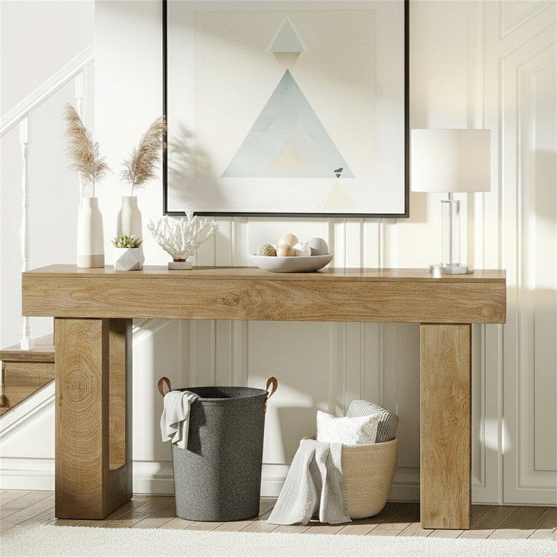 Wooden Sofa Table, 63-Inch Console Table For Entryway, Natural