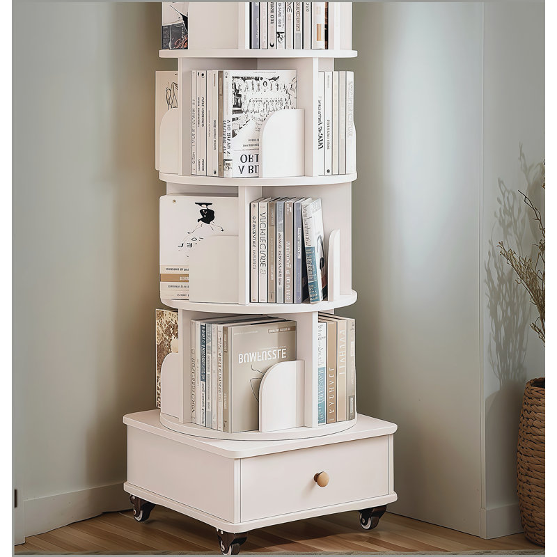 Bibliothèque d'angle à 5 niveaux, étagère de rangement sur pied au sol, étagère en bois étroite, bibliothèque rotative avec tiroir