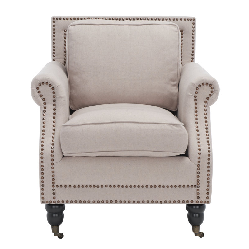 Upholstered Armchair, Beige Linen, Taupe with a Brass Nailhead