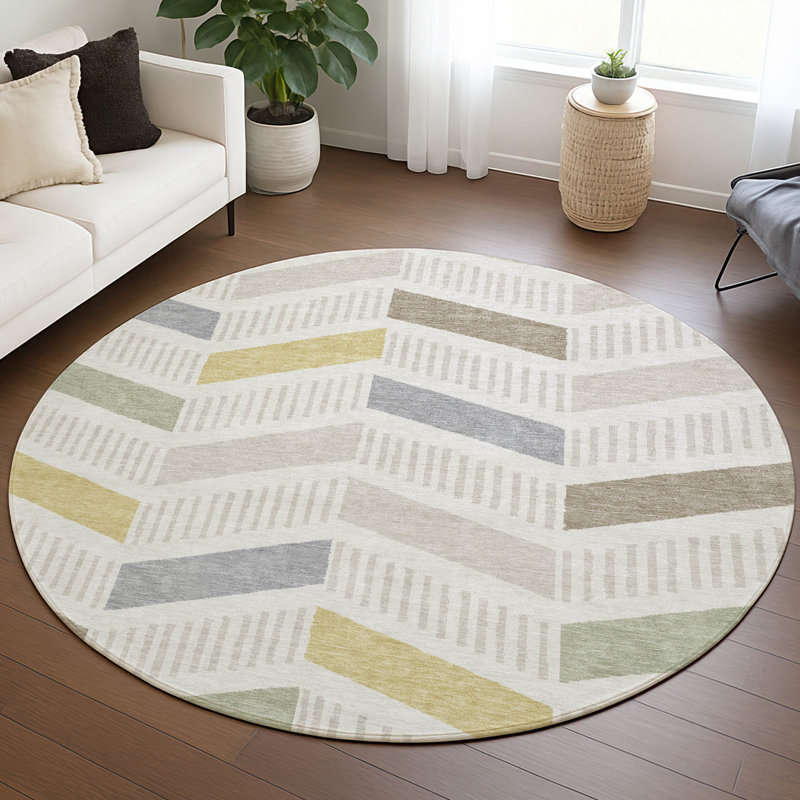 Machine Washable Indoor/Outdoor Chantille ACN2911 Geometric Rug, Ivory, 8' Round