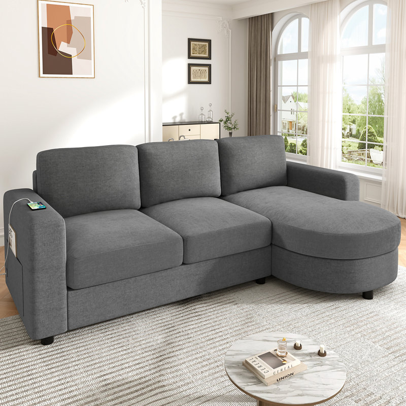Canapé modulaire en L avec méridienne incurvée, ports USB et poches de rangement latérales, Gris