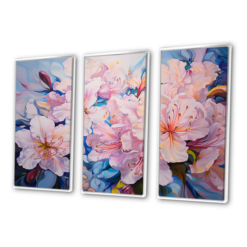 Ensemble de salon art mural rhododendron rose, H 40 po x l 60 po x P 1 po, Cadre flottant blanc