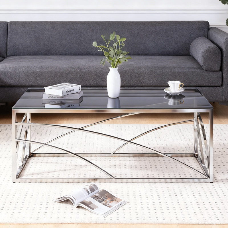 Regency Modern Stainless Steel Silver Coffee Table With Tempered Glass Top, Grey