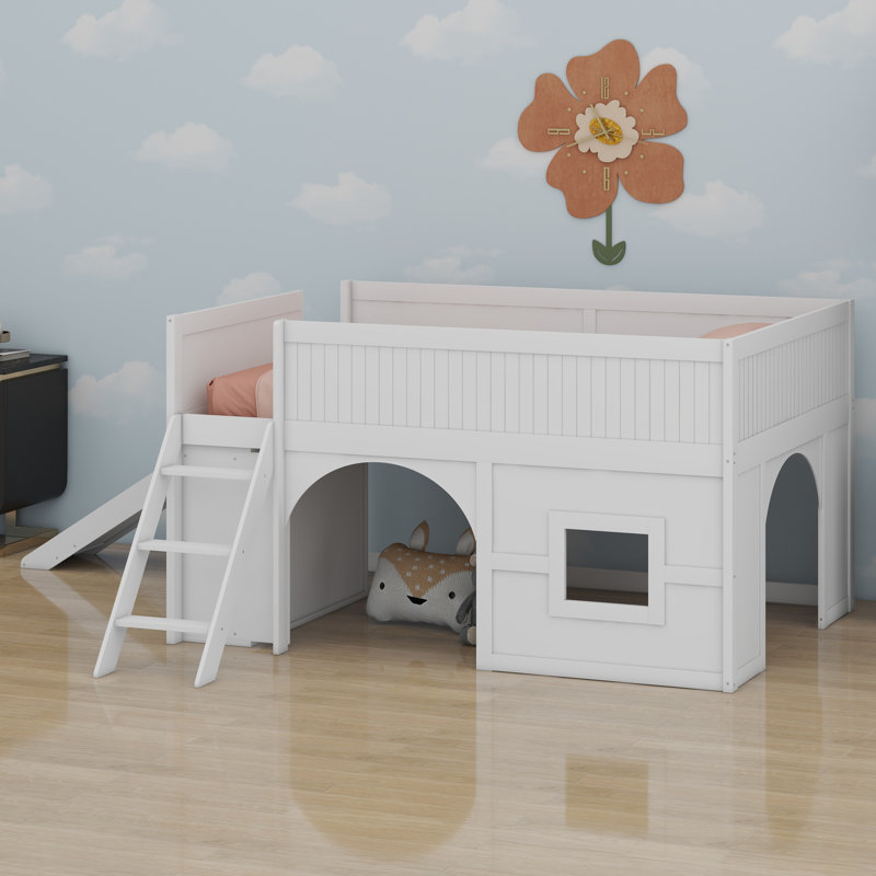 Lit mezzanine bas en bois avec tablettes de rangement et glissade, Blanc
