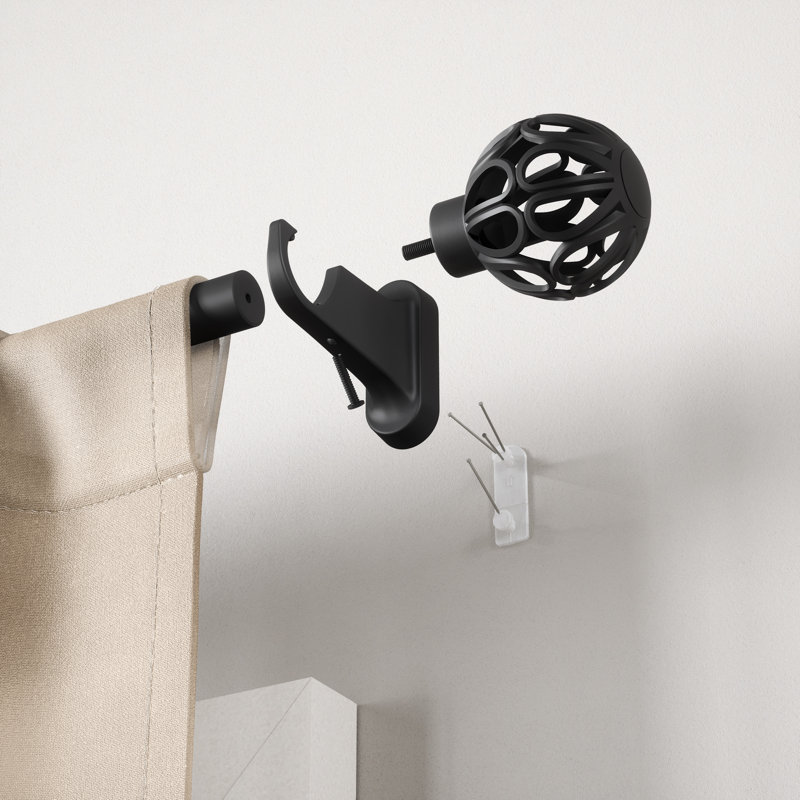 Tringle à rideaux simple 1 po Aria Cage Pin-Point, sans installation de perçage, comprend les supports et la quincaillerie, 42 à 120 po, noir mat