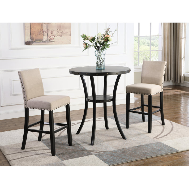 Finish 36" Round Patio Table With Nail Head Trim - Coffee Bean Look Wooden Top & Curved Metal Leg Framework 42" High X Bar Wood-Like Structure