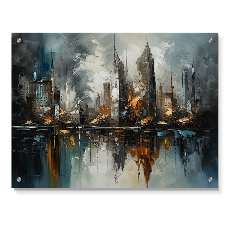 «Abstract City Skyline4», art mural moderne urbain en acrylique, H 30 po x l 40 po