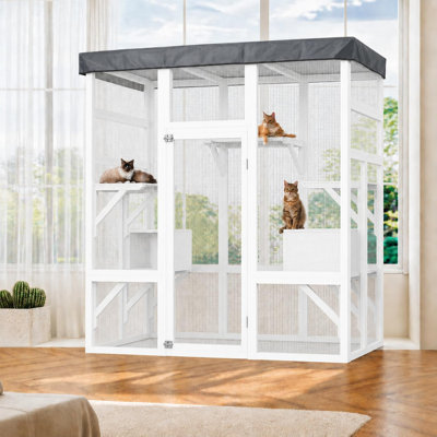 Walk-in Catio Outdoor Cat Enclosure, Large Wooden Cat House with Waterproof Roof & 5 Platforms, 2 Resting Boxes, Secure Garden Cat Run for 5-6 Cats, Indoor/Outdoor Pet Playpen