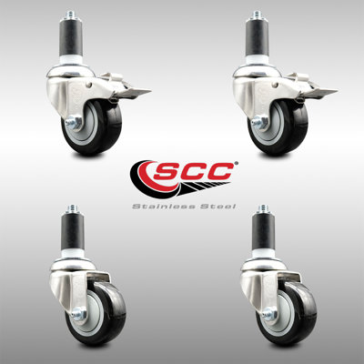 3.5 Inch 316SS Black Polyurethane Swivel 1-1/4 Inch Stem Caster Set 2 Lock Brake