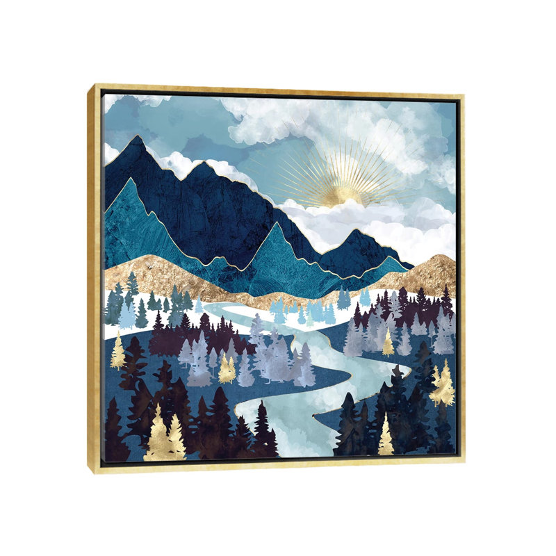 Valley Sunrise - impression d'art graphique, 18" H x 18" W x 1.5'' D, Toile encadrée d'or, Aucun mat