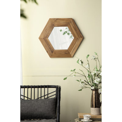 Miroir hexagonal de 18,5 po avec revêtement en bois de qualité, idéal pour la décoration murale du salon