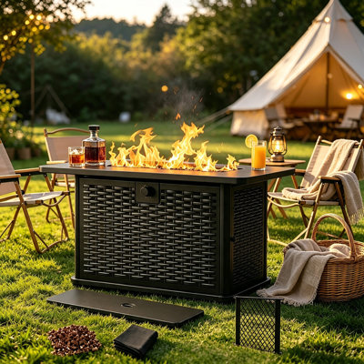 43"Outdoor Firepit Table Propane Fireplace with Lava Rocks, Rain Cover ,Removable Lid, 2 Cup Holders,for Patio Garden with 60,000 BTU Output,CSA-Certified