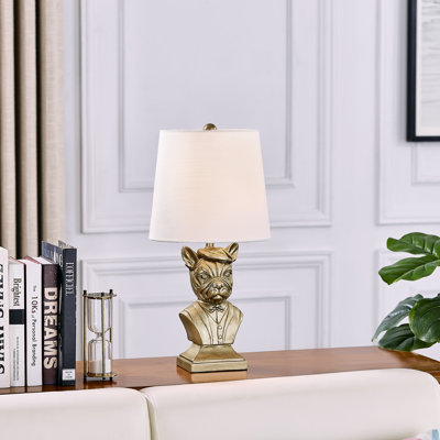 20" Gold Resin French Bulldog Bust Table Lamp With Linen Shade