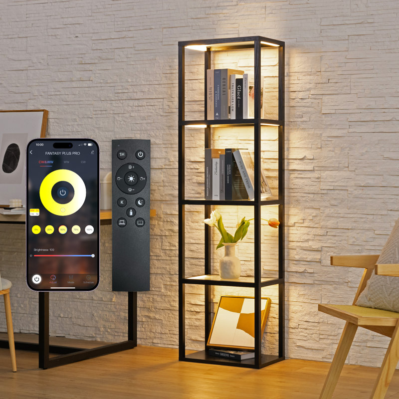 Lampe sur pied 66 "avec lumières DEL, à intensité variable, temps de couleur réglable, application / télécommande, Noir