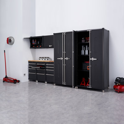 Ensemble de 8 tiroirs de garage en acier massif de calibre 18 TRINITY PRO avec plateau en bois massif noir et blanc