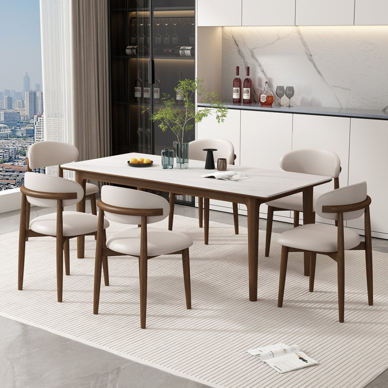 6 - Person White Rectangular Solid Wood Sintered Stone Tabletop Dining Table Set, 29.53" H x 62.99" W x 31.5" D