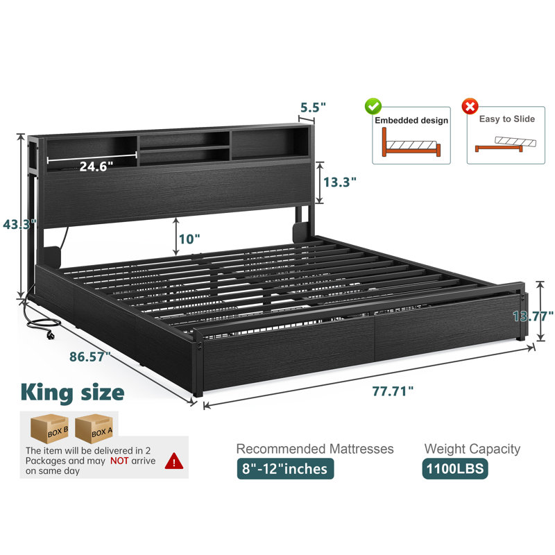 Weissmann Bed Frame with Bookcase Headboard, 6-Drawer Storage & Charging Station ,King, King, Black
