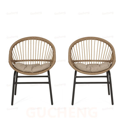 Elegant Boho Wicker Dining Chairs Set of 2 with Metal Frame and Water-Resistant Cushions for Outdoor Use