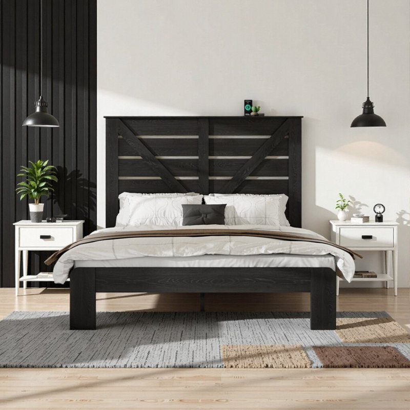Industrial Black Wood Platform Bed Frame with Headboard - Full Size Storage Bed, Noise Free & Tool-Free Assembly, Black, Full