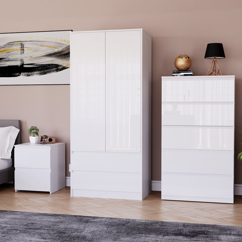Oslo 3 Piece Bedroom Set (2 Drawer Bedside Chest, 5 Drawer Chest, 2 Door 2 Drawer Wardrobe), (100% FSC), White