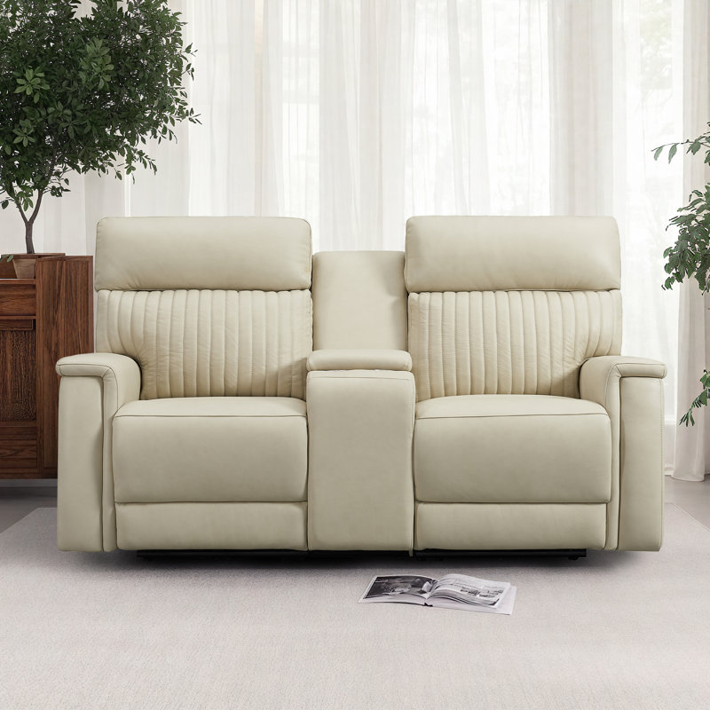 One Harr Genuine Leather Power Triple Motor Reclining Sofa Loveseat with USB & Type-C Ports and Drop Down Table Tray, Cream