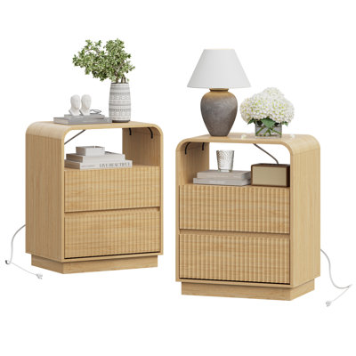 21.6"W Rustic 3-Drawer Nightstand Set of 2 with Charging Station, Farmhouse Fluted Bedside Cabinet for Bedroom, Curved Profile Design