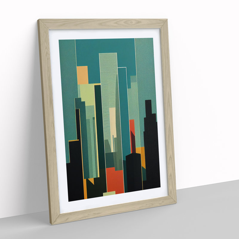 City Skyline in Deco No.2 1 Piece Single Picture Frame Wall Art, 46cm H x 34cm W x 2cm D, Oak