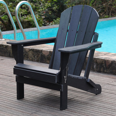 Adirondack Folding Chair With Dual Cup Holders - Hdpe All-Weather Outdoor Chairs, Wood-Like Patio Chair For Backyard, Camping, Garden, Pool & Fire Pit, Black