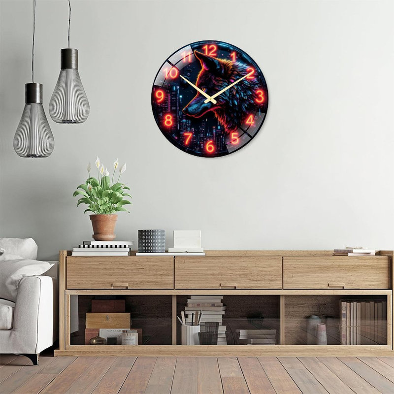 Neon Wolf Clock Art - 24‘’ Modern Glass Wall Clock