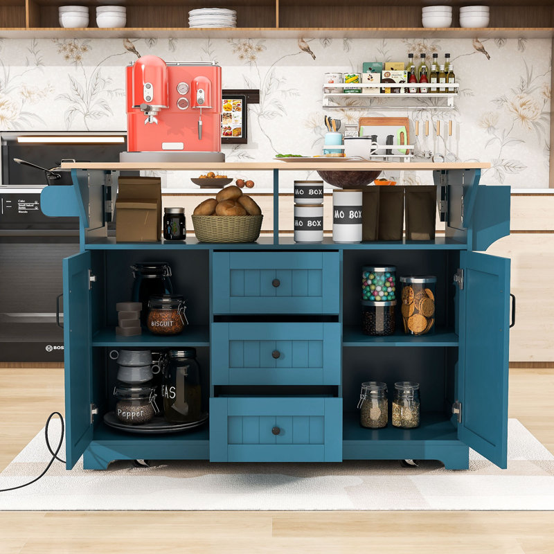 Chinita Versatile Dual Folding Kitchen Island Cart with Storage and Built-in Charging Station, Green