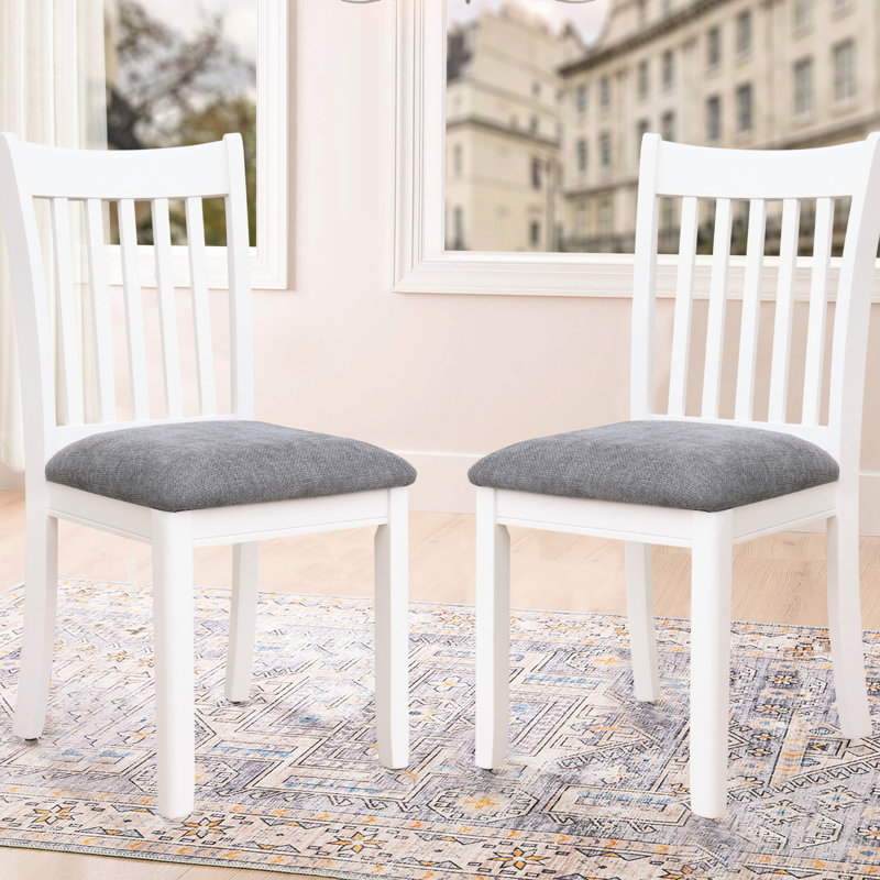 2 chaises de cuisine de style rustique, dossier en bois blanc et coussin en mousse grise, 2 chaises de fabrication solide, avec sièges rembourrés, design minimaliste pour la salle à manger