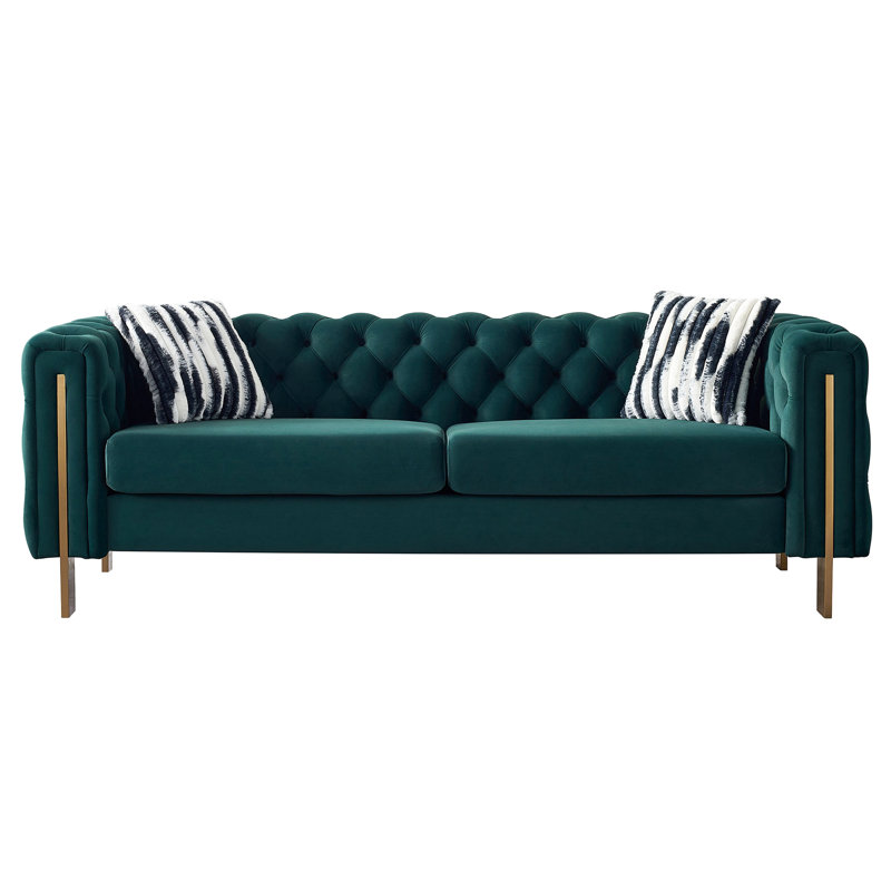 Velvet In , 84.25''W, With Gold Legs And Construction For Reliability 84.25''W Back Side Panels, Metal Fabric, Green, Gold