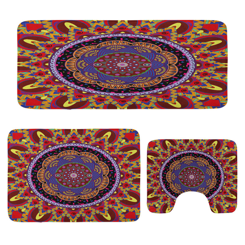  Ensemble de 3 tapis de salle de bain Mandala marron et rouge