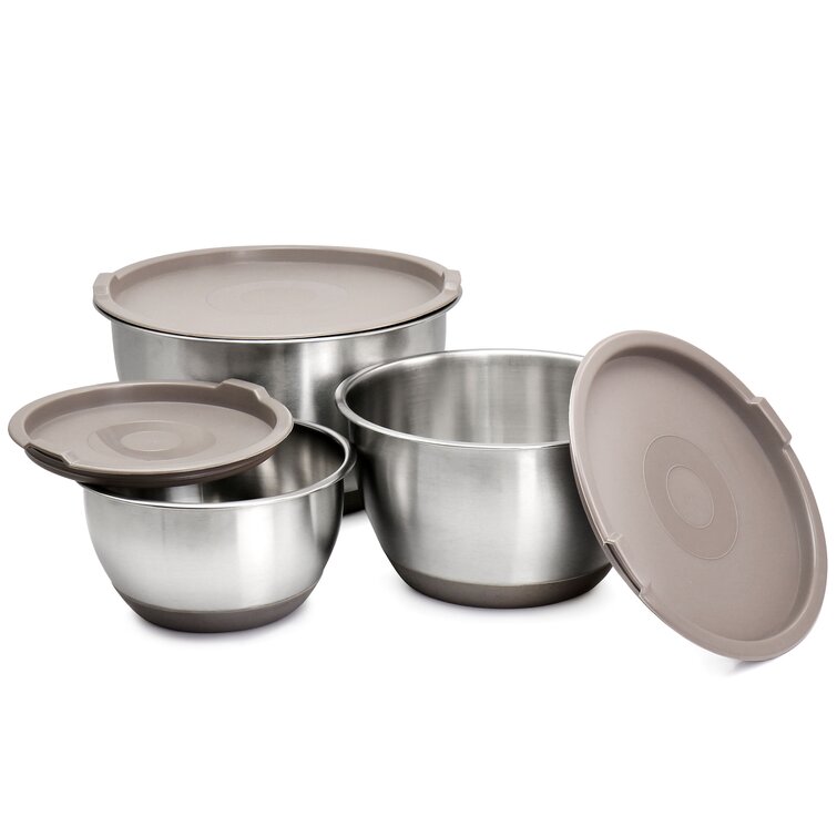 Martha Stewart 3 Piece Stainless Steel Mixing Bowl Set with Lids in Taupe