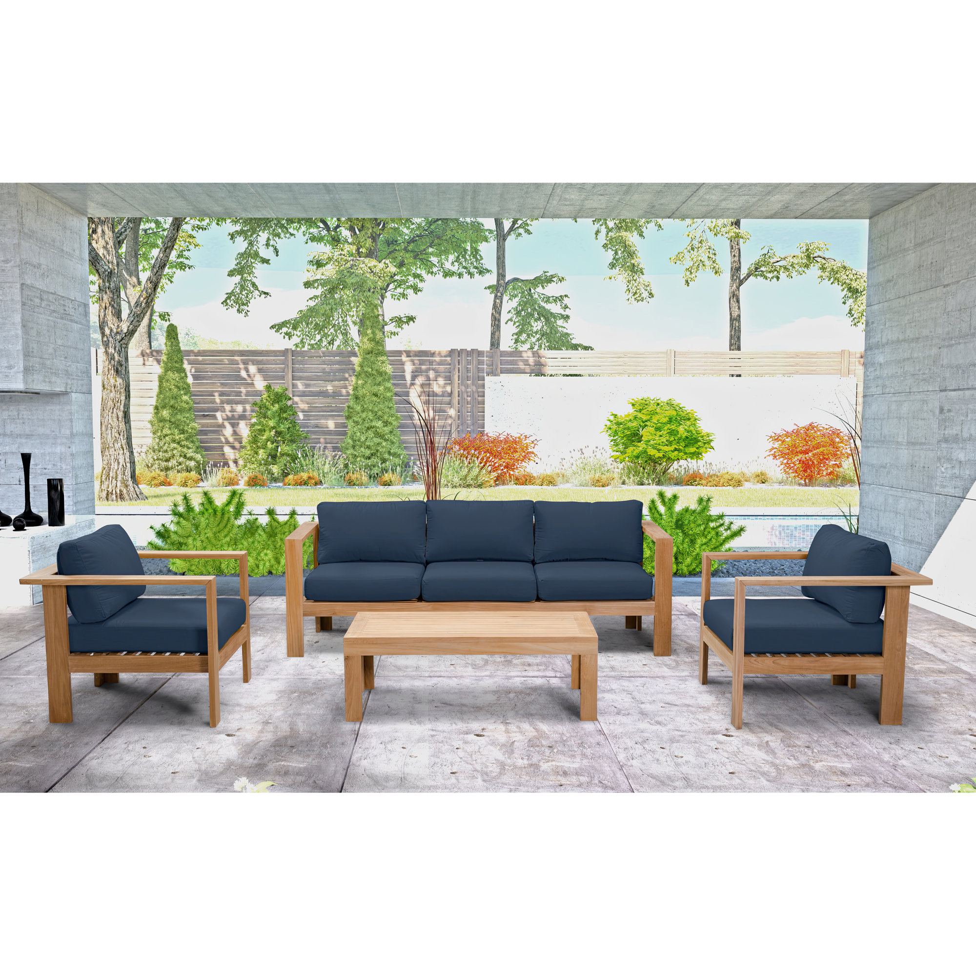 Sonoma 4 Piece Teak Outdoor Seating Group with Sunbrella® Cushions, Spectrum Indigo Sunbrella®