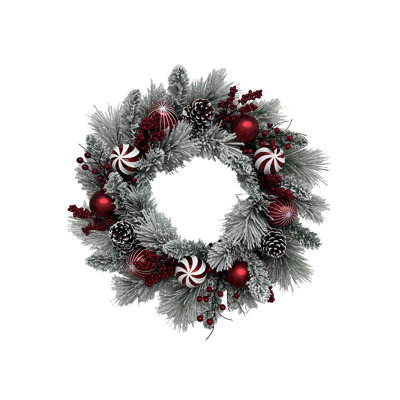 26" Pre-Lit Flocked Pinecone Berry and Ornament Holiday Wreath with Timer
