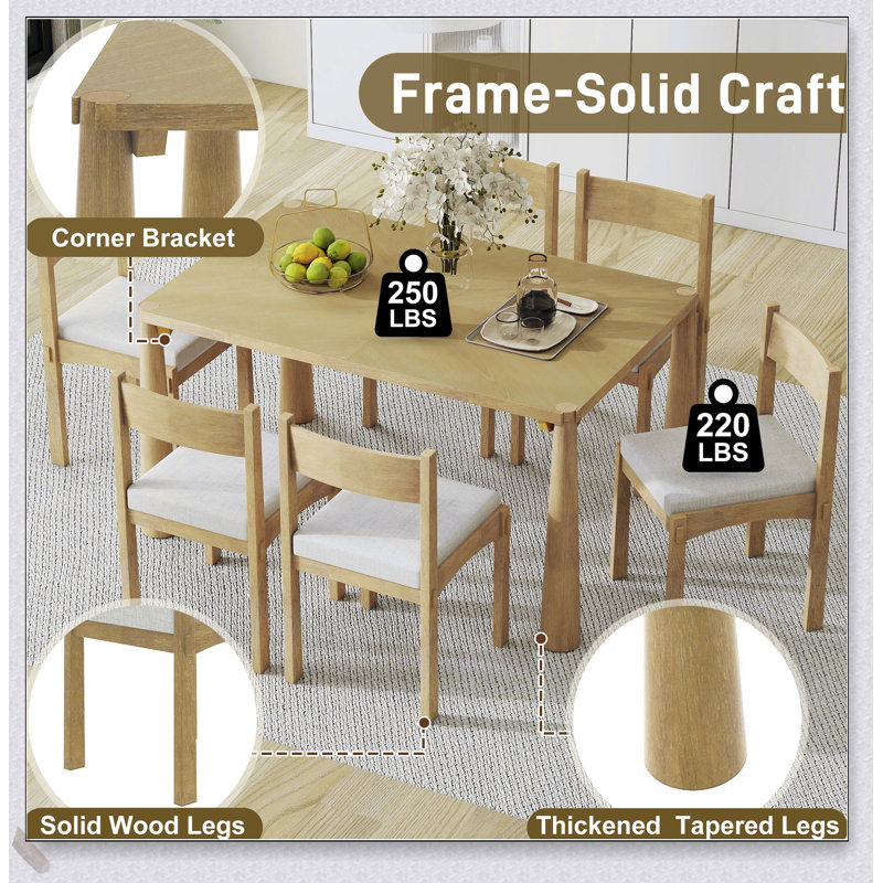 Ensemble de table à manger rétro 7 pièces pour 6 personnes, table de salle à manger en bois avec chaises rembourrées pour la cuisine et la salle à manger