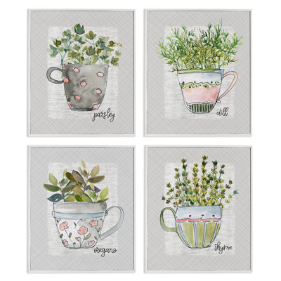 Ensemble de 4 giclées encadrées "Kitchen Herbs in Mugs" par Livi Finn