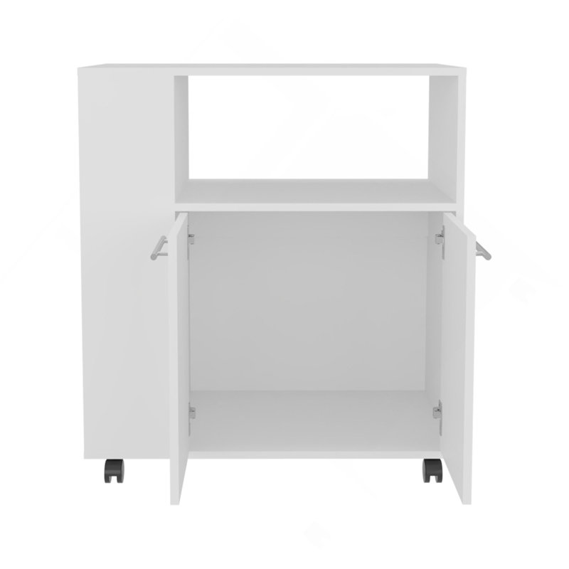 Chariot de cuisine, 2 portes, 3 tablettes, 4 roulettes, White