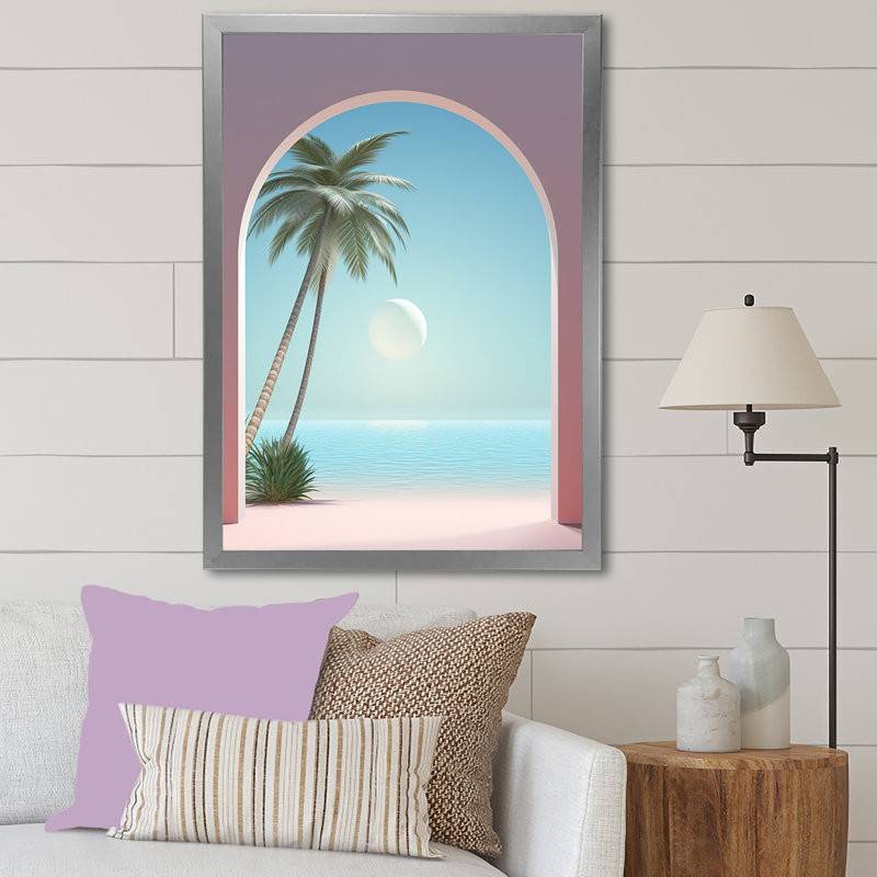 Perle paradisiaque, vue sur l'océan, paume sur toile, Encadrement argenté, H 20 po x l 12 po x P 1 po